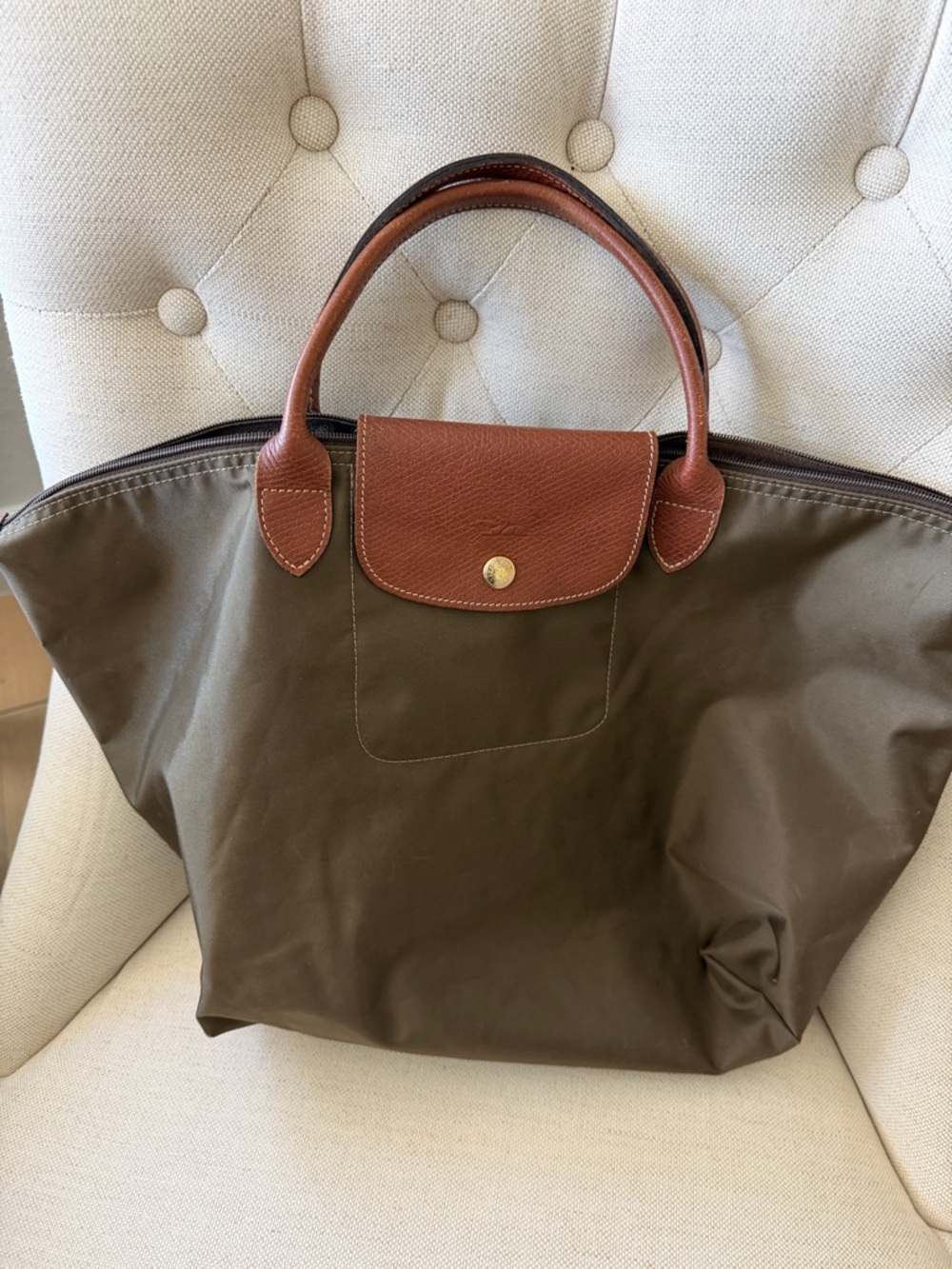 Longchamp olive green small Nylon Tote with Tan Leather Trim